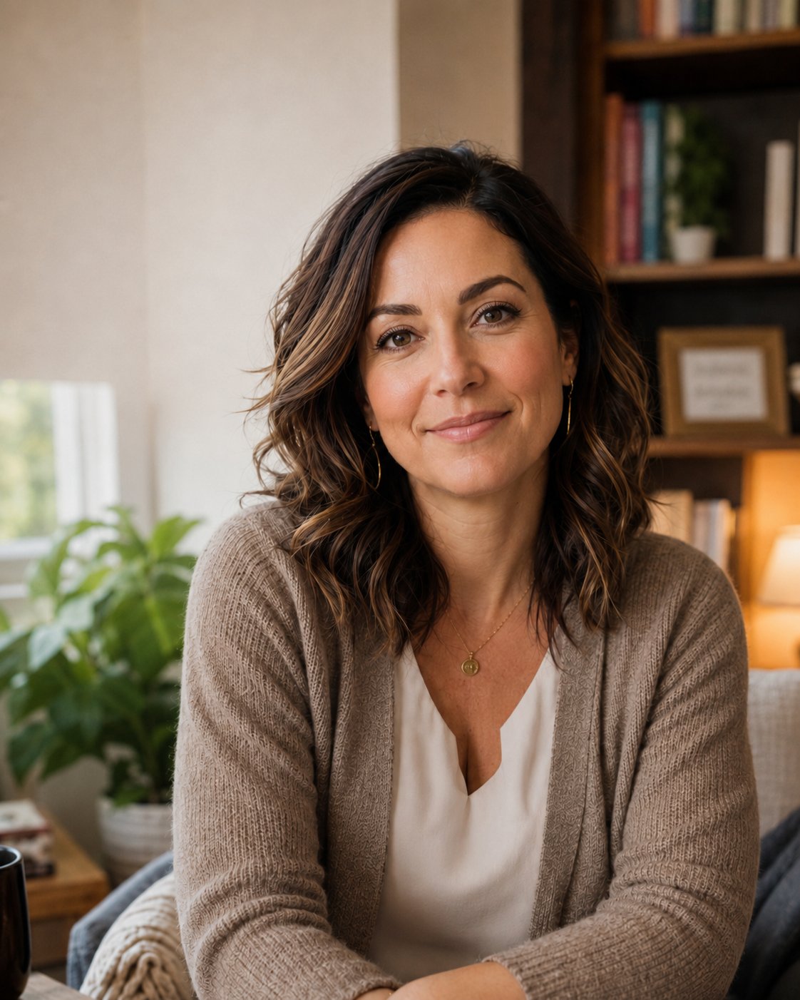 A small-practice clinician in a soft knit cardigan, seated in a home-style office with a bookshelf and plant behind her