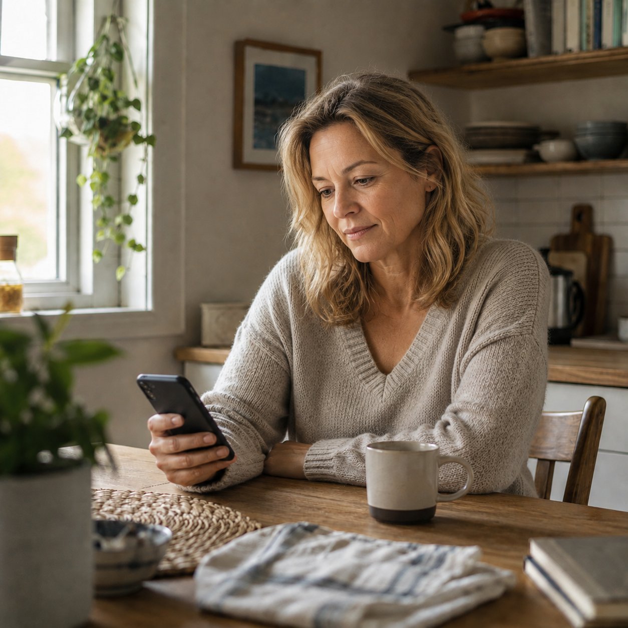 A person at a kitchen table in daylight with a mug of coffee, reading a check-in on their phone