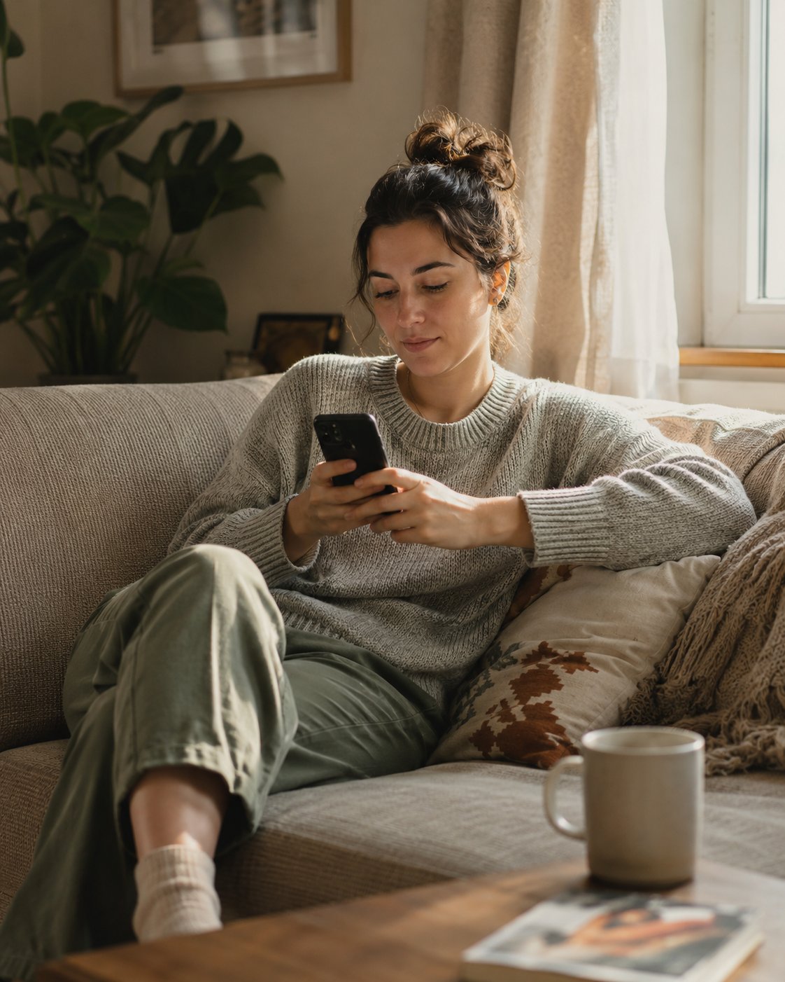 A person sitting on a couch at home in soft daylight, calmly reading a text on their phone